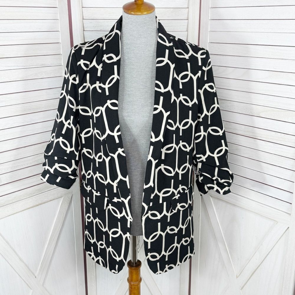 Milk & Honey Chain Link‎ Printed Ruched Sleeve Blazer Jacket Black White Small